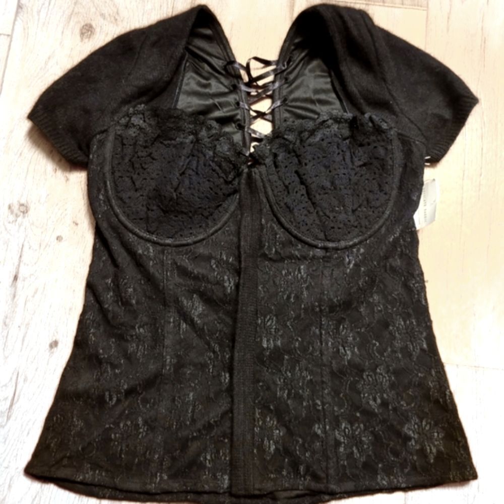 Moda International Black Lace Corset-Style Short Sleeve Top